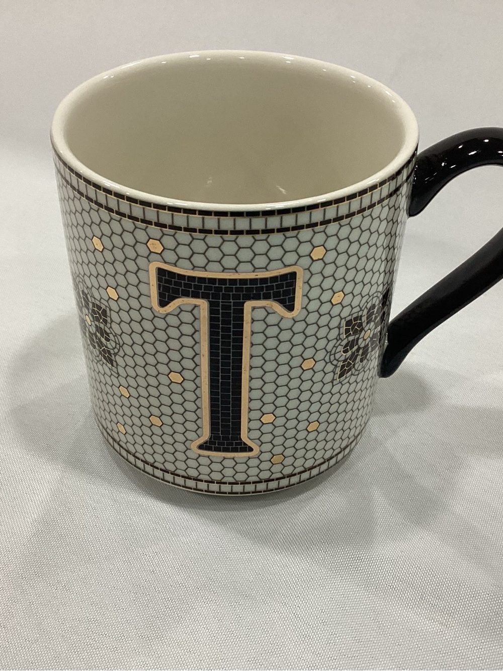 Anthropologie Cream and Black Monogram Ceramic Mug